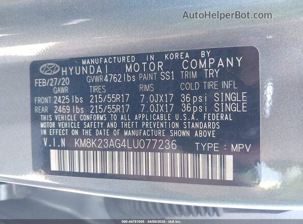KM8K23AG4LU077236 2020 HYUNDAI KONA ELECTRIC Silver Vista del compartimento del motor