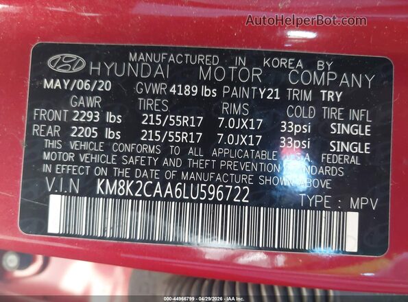 KM8K2CAA6LU596722 2020 HYUNDAI KONA Красный Вид подкапотного пространства