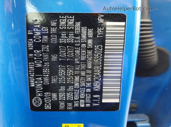 KM8K2CAA9LU535025 2020 HYUNDAI KONA Blue Widok komory silnika