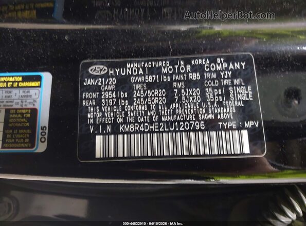 KM8R4DHE2LU120796 2020 HYUNDAI PALISADE Черный Вид подкапотного пространства