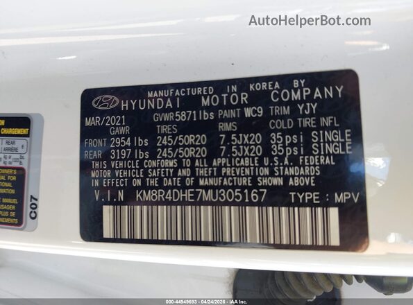 KM8R4DHE7MU305167 2021 HYUNDAI PALISADE Белый Вид подкапотного пространства