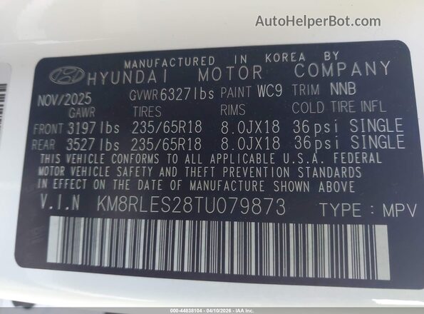 KM8RLES28TU079873 2026 HYUNDAI PALISADE White Շարժիչի բաժամունքի տեսք