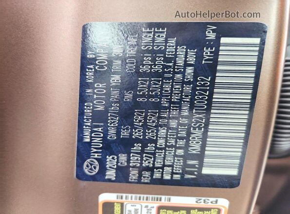KM8RMES2XTU032132 2026 HYUNDAI PALISADE Brown Вид наклейки з VIN-кодом