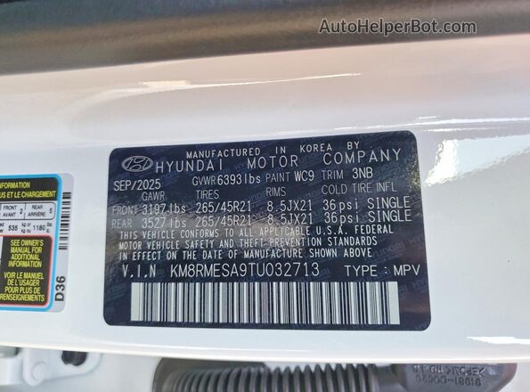 KM8RMESA9TU032713 2026 HYUNDAI PALISADE White Vista interior de 360 grados