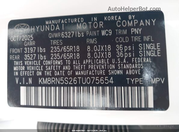 KM8RN5S26TU075654 2026 HYUNDAI PALISADE White Widok komory silnika
