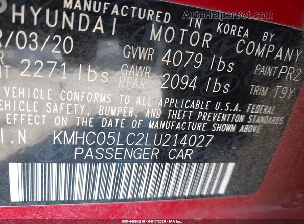KMHC05LC2LU214027 2020 HYUNDAI IONIQ HYBRID Red Вид підкапотного простору