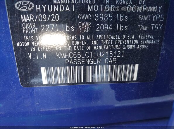 KMHC65LC1LU215121 2020 HYUNDAI IONIQ HYBRID Blue ძრავის განყოფილების ხედი