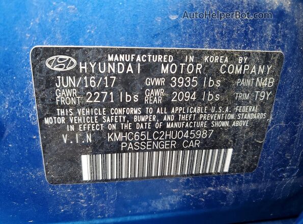 KMHC65LC2HU045987 2017 HYUNDAI IONIQ Blue ძრავის განყოფილების ხედი