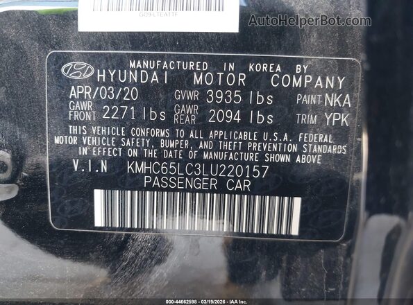 KMHC65LC3LU220157 2020 HYUNDAI IONIQ HYBRID Black ძრავის განყოფილების ხედი