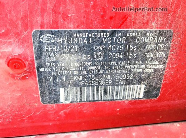 KMHC75LC2MU250992 2021 HYUNDAI IONIQ Red VIN կոդի պիտակի տեսք