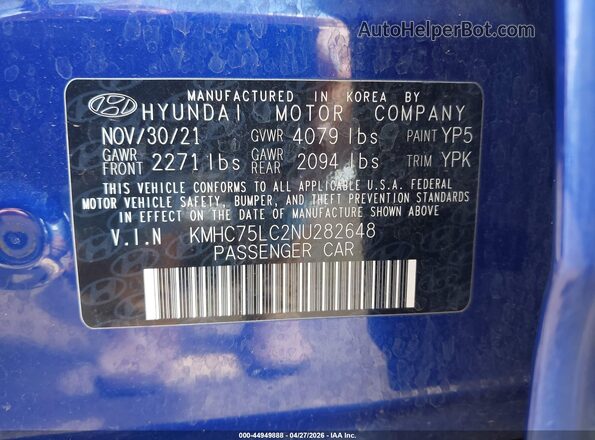 KMHC75LC2NU282648 2022 HYUNDAI IONIQ HYBRID Синий Вид подкапотного пространства