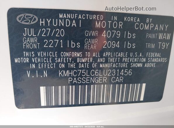 KMHC75LC6LU231456 2020 HYUNDAI IONIQ HYBRID White Vista del compartimento del motor