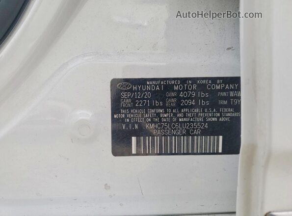 KMHC75LC6LU235524 2020 HYUNDAI IONIQ White Widok naklejki z numerem VIN