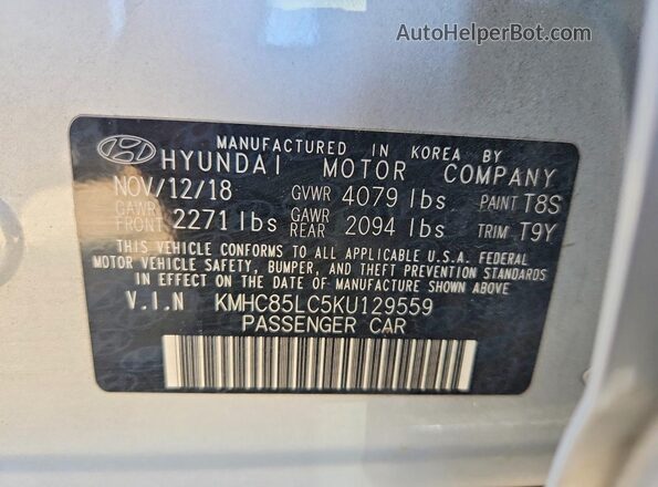 KMHC85LC5KU129559 2019 HYUNDAI IONIQ Silver VIN კოდის სტიკერის ხედი