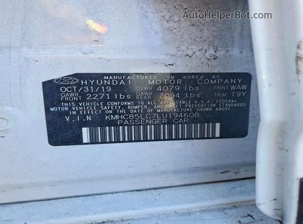 KMHC85LC7LU194608 2020 HYUNDAI IONIQ White Vista de la etiqueta del VIN