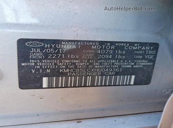 KMHC85LCXHU049361 2017 HYUNDAI IONIQ Серебряный Вид наклейки с VIN-кодом