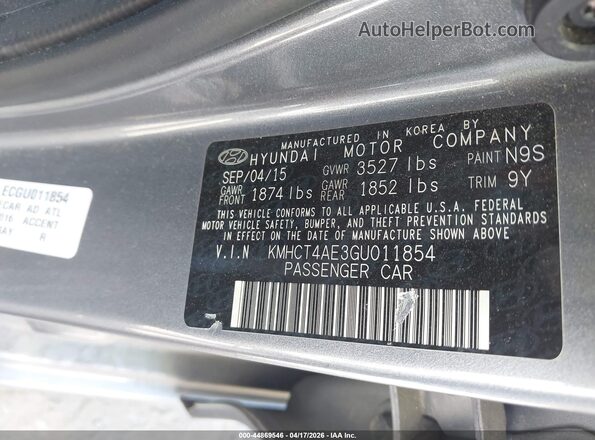 KMHCT4AE3GU011854 2016 HYUNDAI ACCENT Серый Вид подкапотного пространства