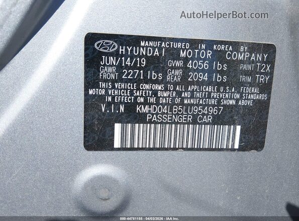 KMHD04LB5LU954967 2020 HYUNDAI ELANTRA Silver Շարժիչի բաժամունքի տեսք