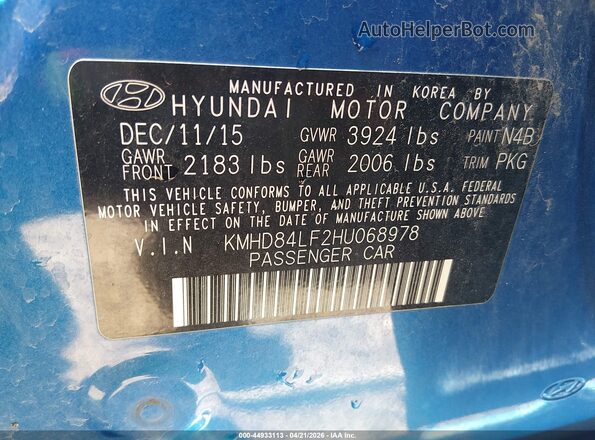 KMHD84LF2HU068978 2017 HYUNDAI ELANTRA Синий Вид подкапотного пространства