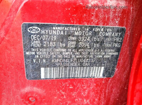 KMHD84LF2LU044317 2020 HYUNDAI ELANTRA Red ძრავის განყოფილების ხედი