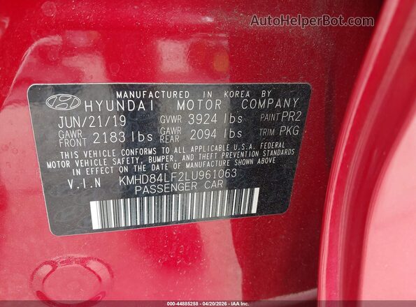 KMHD84LF2LU961063 2020 HYUNDAI ELANTRA Burgundy ძრავის განყოფილების ხედი