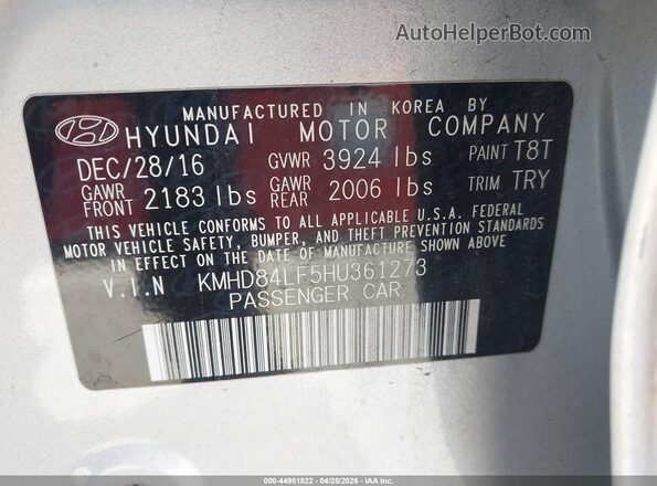 KMHD84LF5HU361273 2017 HYUNDAI ELANTRA Серебряный Вид подкапотного пространства