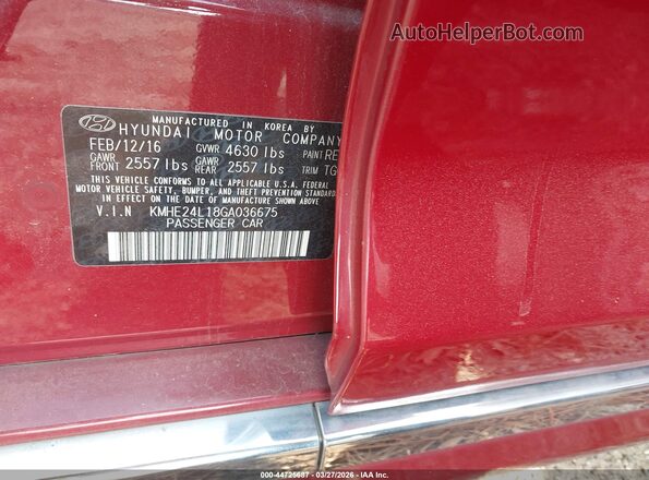 KMHE24L18GA036675 2016 HYUNDAI SONATA HYBRID Красный Вид подкапотного пространства