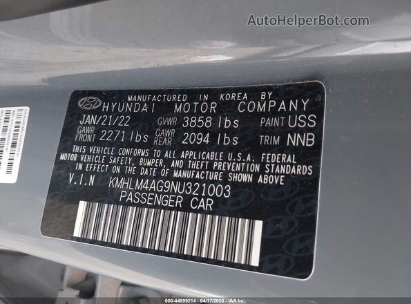 KMHLM4AG9NU321003 2022 HYUNDAI ELANTRA Gray Vista del compartimento del motor