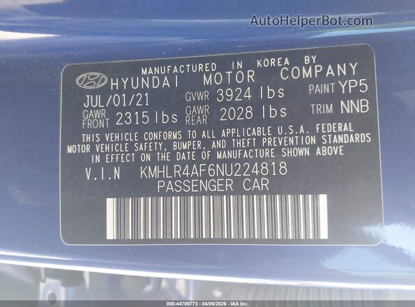 KMHLR4AF6NU224818 2022 HYUNDAI ELANTRA Синий Вид подкапотного пространства