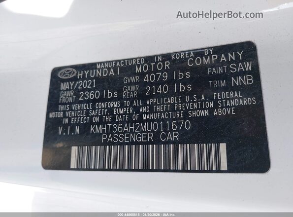 KMHT36AH2MU011670 2021 HYUNDAI VELOSTER N White Widok komory silnika