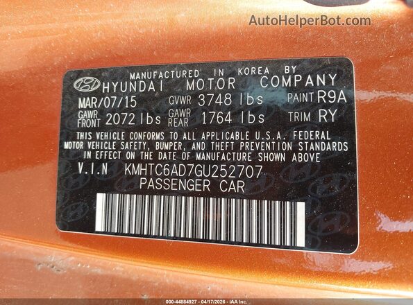 KMHTC6AD7GU252707 2016 HYUNDAI VELOSTER Orange ძრავის განყოფილების ხედი
