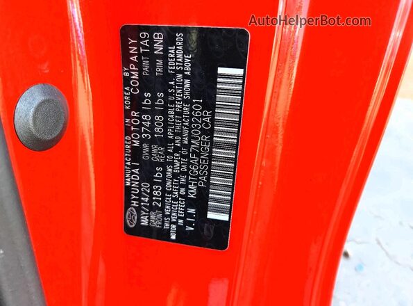 KMHTG6AF7MU032601 2021 HYUNDAI VELOSTER Red Widok naklejki z numerem VIN