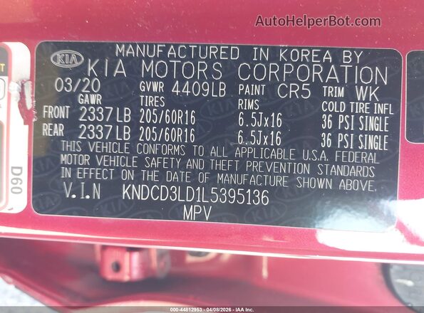 KNDCD3LD1L5395136 2020 KIA NIRO PLUG-IN HYBRID Red Engine compartment view
