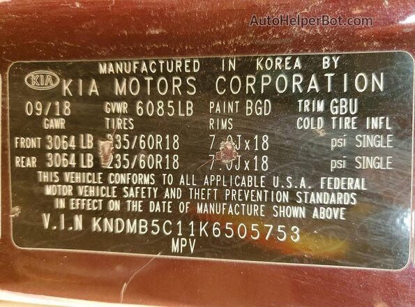 KNDMB5C11K6505753 2019 KIA SEDONA Темно-бордовый Вид наклейки с VIN-кодом