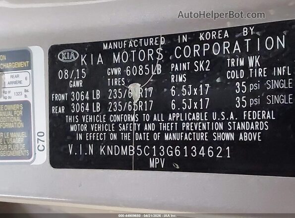 KNDMB5C13G6134621 2016 KIA SEDONA Champagne Вид підкапотного простору