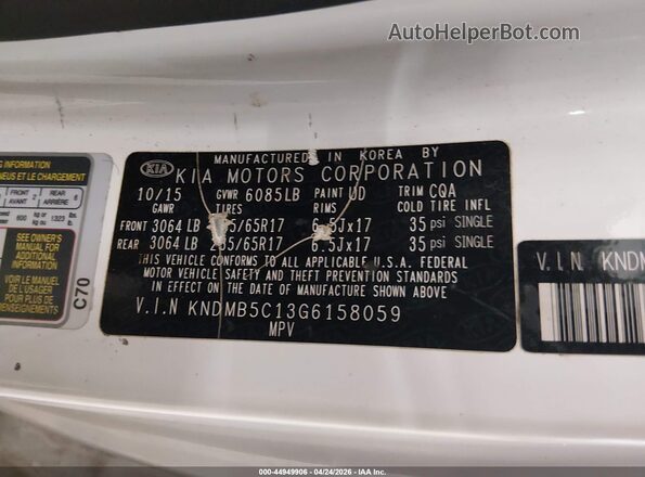 KNDMB5C13G6158059 2016 KIA SEDONA White Вид підкапотного простору