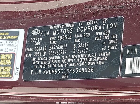 KNDMB5C13K6548636 2019 KIA SEDONA Красный Вид подкапотного пространства