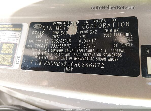KNDMB5C16H6266872 2017 KIA SEDONA Золотой Вид подкапотного пространства