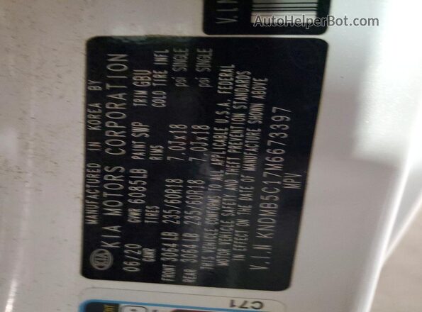 KNDMB5C17M6673397 2021 KIA SEDONA White Widok naklejki z numerem VIN