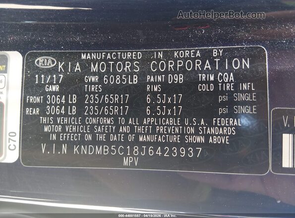 KNDMB5C18J6423937 2018 KIA SEDONA Dark Blue Vista del compartimento del motor