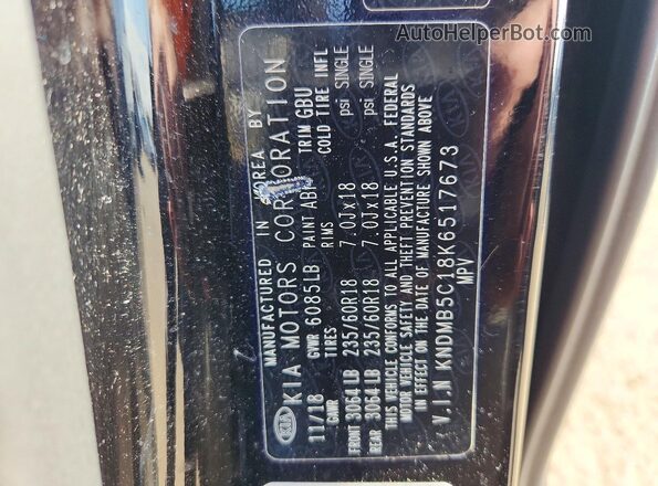 KNDMB5C18K6517673 2019 KIA SEDONA Черный Вид наклейки с VIN-кодом