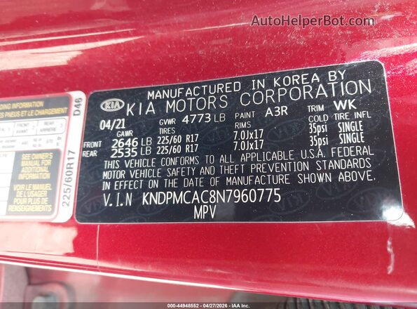 KNDPMCAC8N7960775 2022 KIA SPORTAGE Красный Вид подкапотного пространства