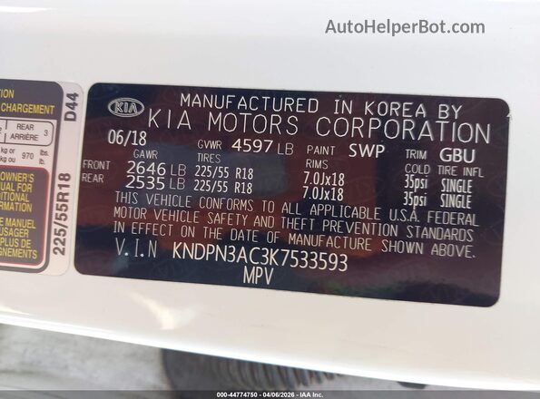 KNDPN3AC3K7533593 2019 KIA SPORTAGE Белый Вид подкапотного пространства
