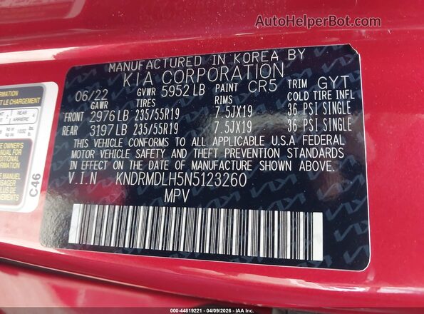 KNDRMDLH5N5123260 2022 KIA SORENTO PLUG-IN HYBRID Красный Вид подкапотного пространства