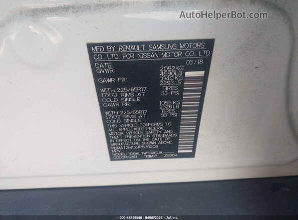 KNMAT2MT2JP576208 2018 NISSAN ROGUE White Շարժիչի բաժամունքի տեսք