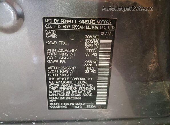 KNMAT2MT2KP513661 2019 NISSAN ROGUE Gray Widok komory silnika