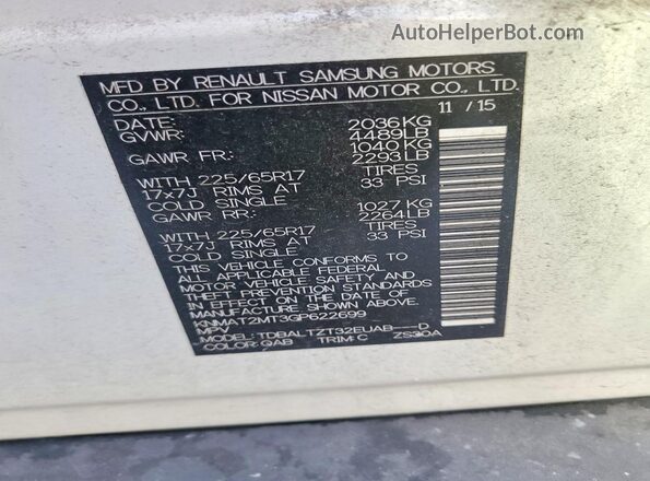 KNMAT2MT3GP622699 2016 NISSAN ROGUE White VIN კოდის სტიკერის ხედი