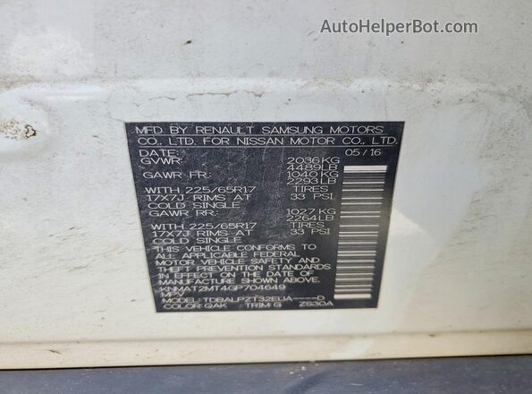 KNMAT2MT4GP704649 2016 NISSAN ROGUE Белый Вид наклейки с VIN-кодом