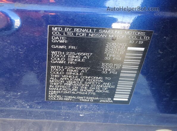 KNMAT2MT4LP524775 2020 NISSAN ROGUE Blue Widok wnętrza 360 stopni