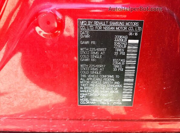 KNMAT2MT6GP711621 2016 NISSAN ROGUE Red VIN კოდის სტიკერის ხედი